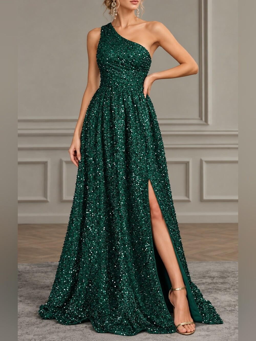 New Luxe Sequin One Shoulder Maxi Dress Gown Split Leg Dark Green